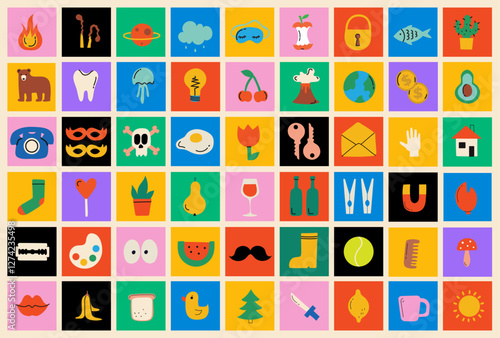Set of Y2K trend abstract flat shapes in cartoon style. Collection of decorative elements for design in multicolored colors. . Vector shapes Isolated on black background.