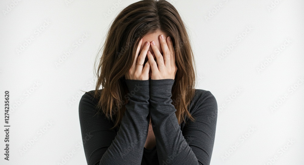 Woman Covering Her Face in Distress, Experiencing Sadness and Anxiety Woman Covering Her Face in Distress, Experiencing Sadness and Anxiety