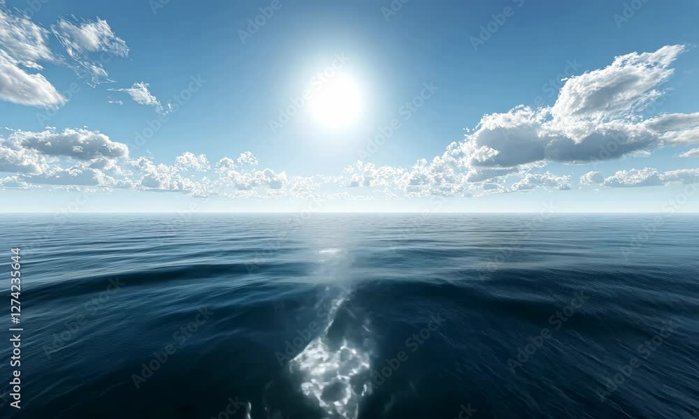 An endless expanse of calm ocean water under a clear blue sky, with the sun casting a bright reflection on the surface. An endless expanse of calm ocean water under a clear blue sky, with the sun casting a bright reflection on the surface.