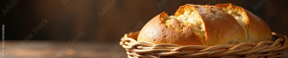 Wooden wicker basket containing a crusty loaf of bread, container, wooden, wooden Wooden wicker basket containing a crusty loaf of bread, container, wooden, wooden