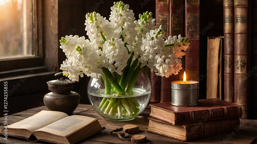 Fototapeta premium still life with candle and flowers