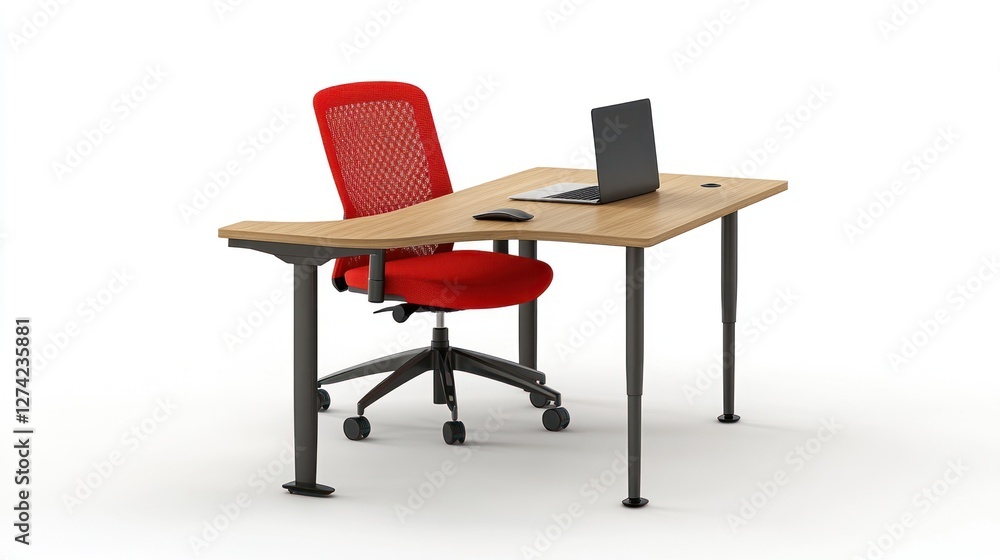 Modern ergonomic desk, red chair, laptop, workspace Modern ergonomic desk, red chair, laptop, workspace