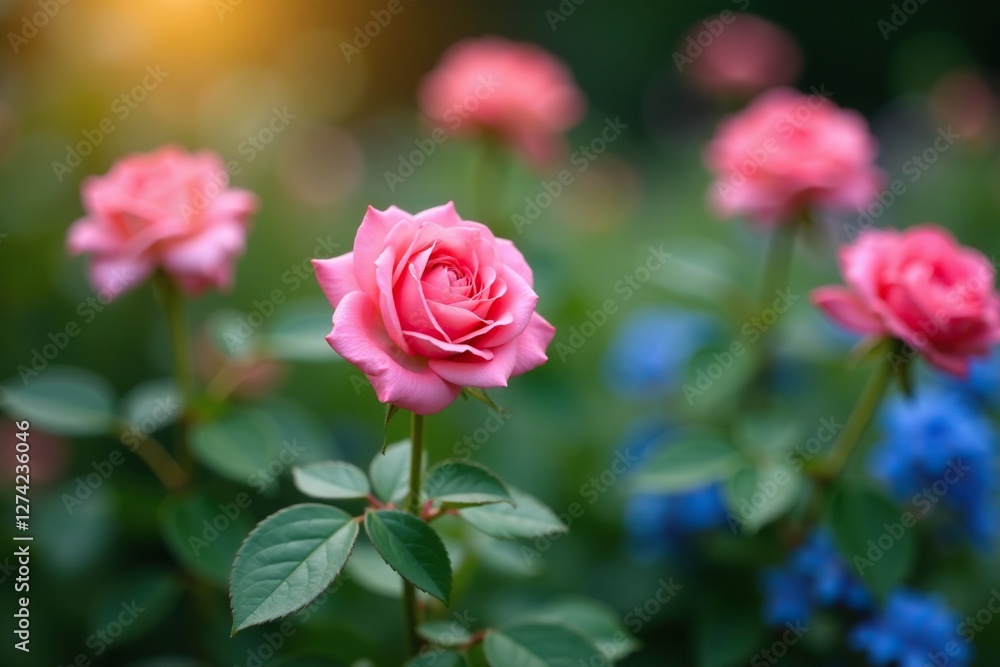 Blooming rose bush in a flower bed with blue flowers, garden, gardening, botanicals Blooming rose bush in a flower bed with blue flowers, garden, gardening, botanicals