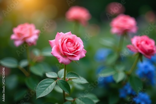 Wallpaper Mural Blooming rose bush in a flower bed with blue flowers, garden, gardening, botanicals Torontodigital.ca