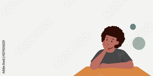 A man is sitting at the table. The expression on his face was like he was thinking. He had curly brown hair.