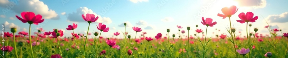 Red cosmos stems stretch towards the sky amidst a sea of green, nature, pink, green Red cosmos stems stretch towards the sky amidst a sea of green, nature, pink, green
