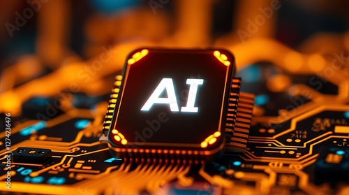 Glowing AI Icon on a Blurred High-Tech Background Symbolizing Artificial Intelligence and Technological Advancement