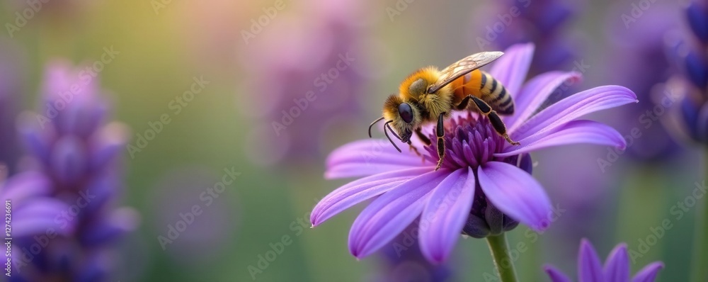 Yellow bee crawling on purple lavender flower, yellow and purple colors, bees Yellow bee crawling on purple lavender flower, yellow and purple colors, bees