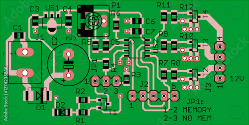 Vector printed circuit board of electronic 
device with components of radio elements, 
conductors and contact pads placed on pcb. 
Engineering technical drawing. Electric background.