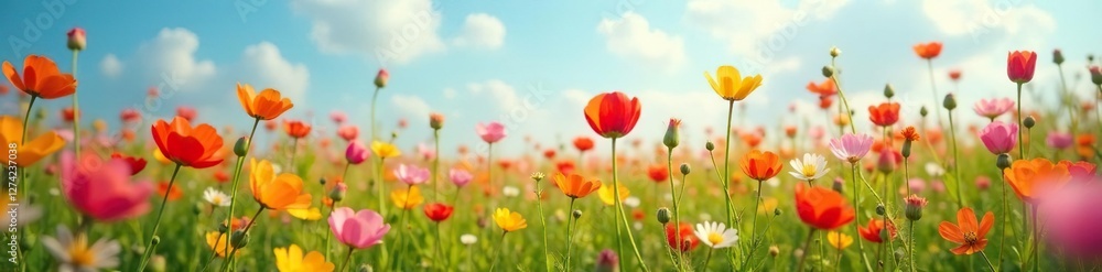 Field of colorful wild flowers swaying gently in the breeze, landscape, nature, petals Field of colorful wild flowers swaying gently in the breeze, landscape, nature, petals