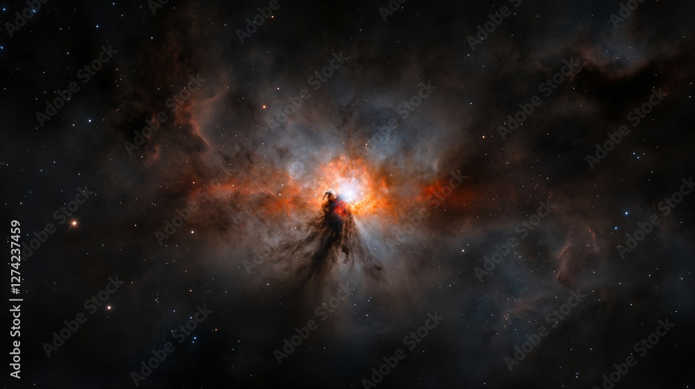 Naklejka premium Spectacular deep space nebula with glowing orange center and dark silhouette against starry background. Celestial cloud formation in Orion constellation. Cosmic gas and dust phenomenon