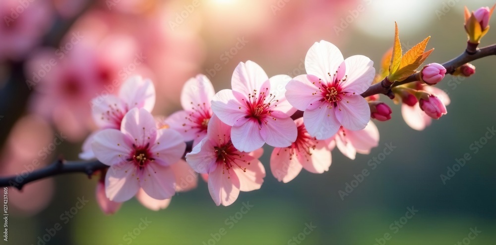 Delicate pink blossoms unfold on a serene tree branch, spring, swiss garden Delicate pink blossoms unfold on a serene tree branch, spring, swiss garden