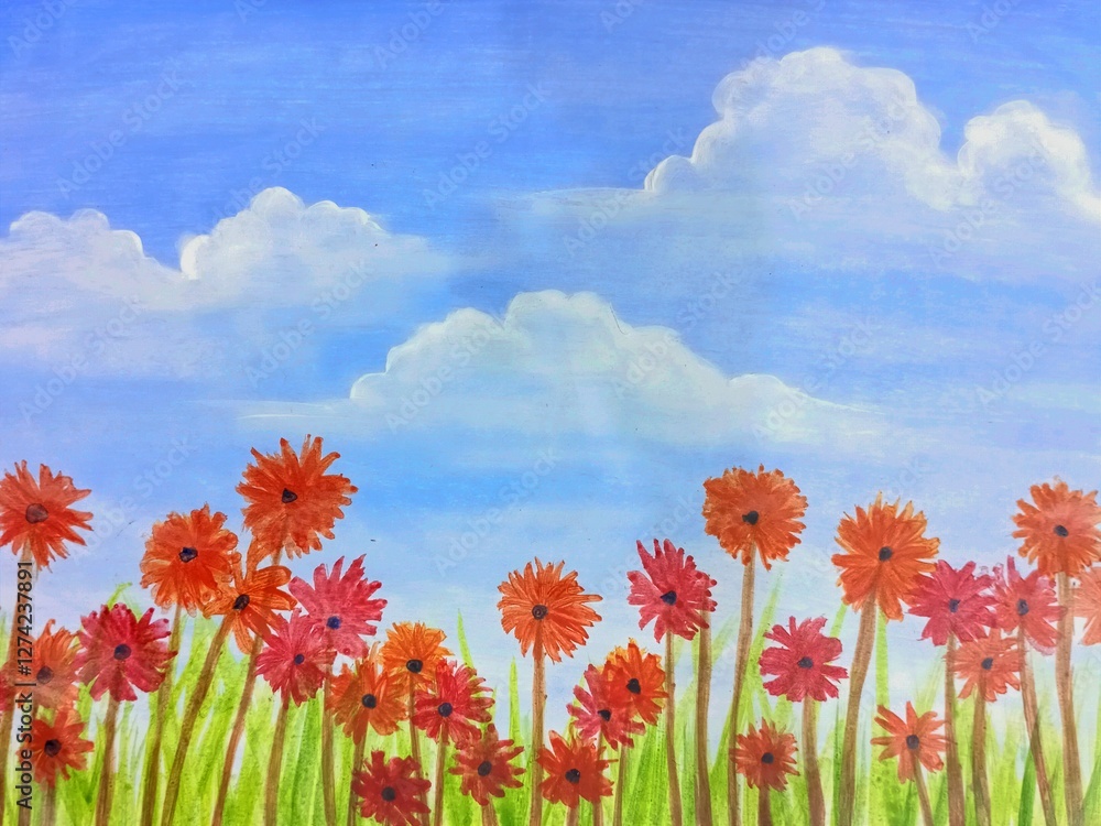 Acrylic painting of field of flowers ang blue sky Acrylic painting of field of flowers ang blue sky