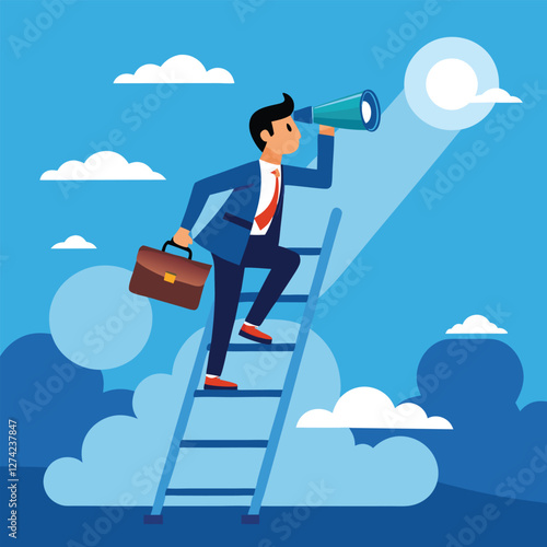 Flat illustration of businessman climb up ladder to job search bar with binocular on sky seeking new employment opportunity