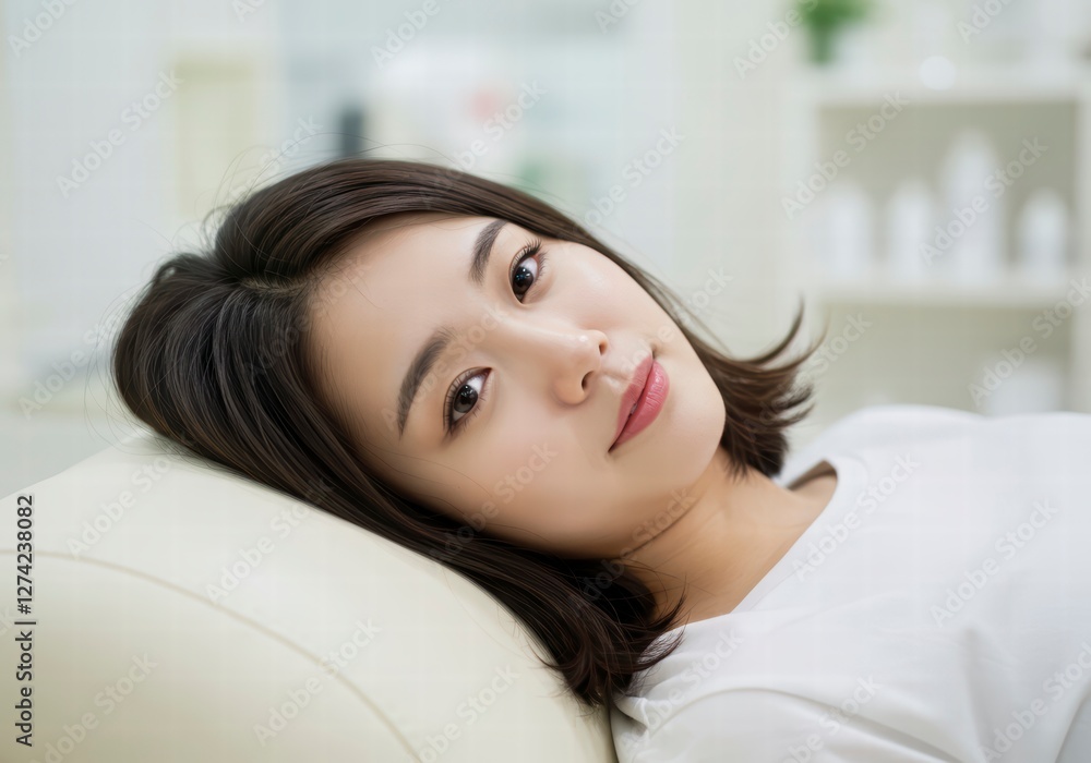 Patient Lying Comfortably on Examination Couch in Modern Clinic Patient Lying Comfortably on Examination Couch in Modern Clinic