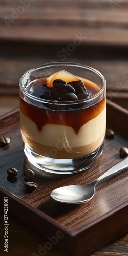 Japanese Kohi Jelly, elegantly layered with translucent brewed coffee jelly and smooth, chilled coffee. photo