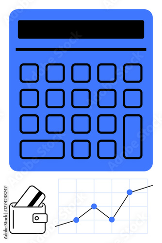 Blue calculator, wallet holding cards, upward-trending graph portraying budgeting, analytics, and savings. Ideal for finance tools, bookkeeping, investments, small business economy planning