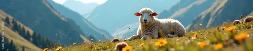 Obraz premium Woolly sheep resting in sunny spot on mountain slope with wildflowers, wildlife, grassland, terrain