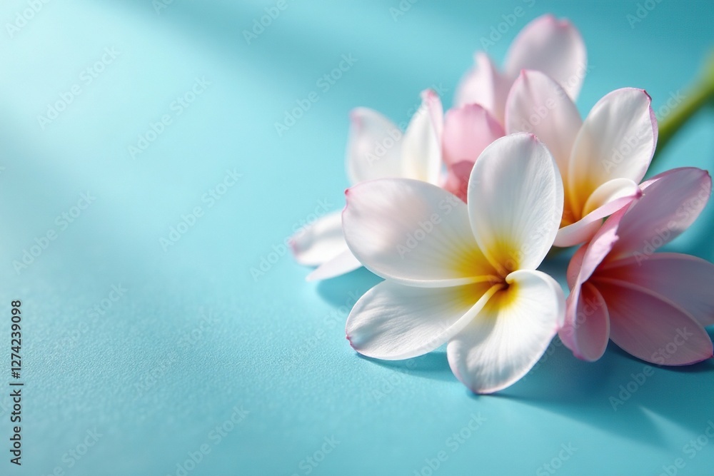 Naklejka premium Delicate petals unfold on a tranquil blue table surface, flowers, white, natural