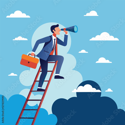 Flat illustration of businessman climb up ladder to job search bar with binocular on sky seeking new employment opportunity