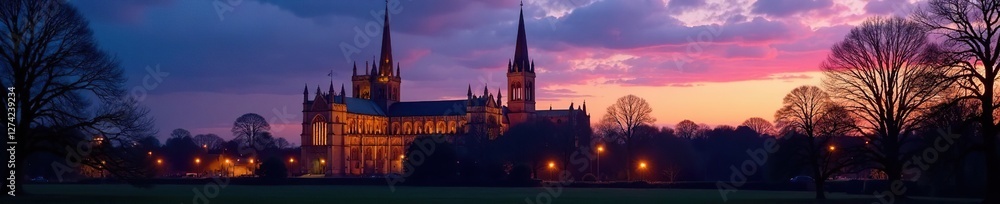 Illuminated spires of St Edmundsbury Cathedral at dusk, Suffolk UK, evening sky, England Illuminated spires of St Edmundsbury Cathedral at dusk, Suffolk UK, evening sky, England