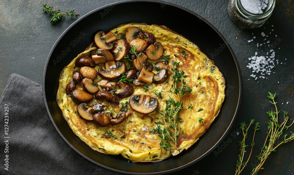 A mushroom omelet with thyme and parsley on top A mushroom omelet with thyme and parsley on top