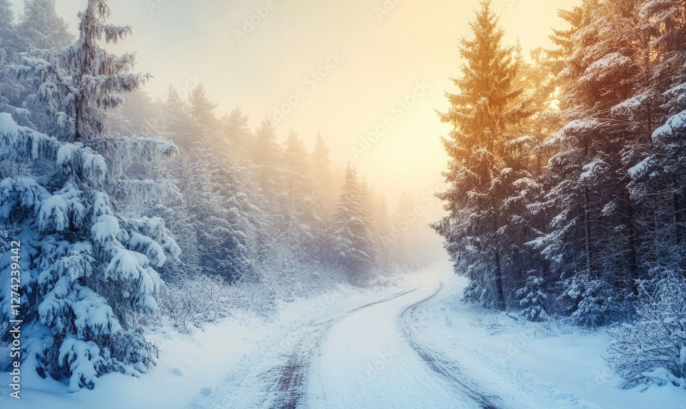 Obraz premium A snow covered road with trees in the background