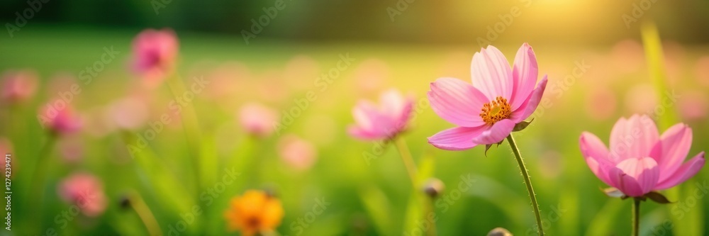 Fototapeta premium Soft petals of pink flowers gently sway in morning breeze, field, green