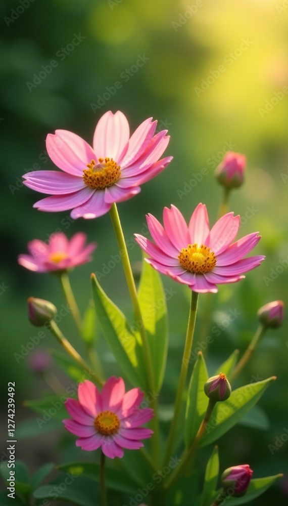 Soft petals of pink flowers gently sway in morning breeze, wildflowers, green Soft petals of pink flowers gently sway in morning breeze, wildflowers, green