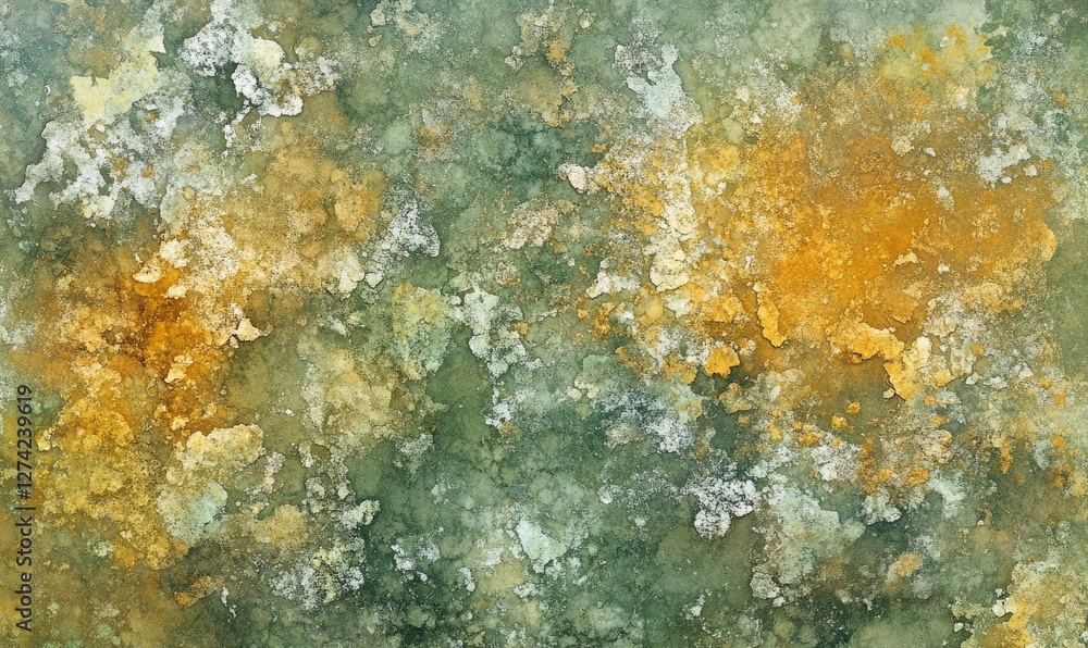 A painting of a green and yellow background with a few orange spots A painting of a green and yellow background with a few orange spots