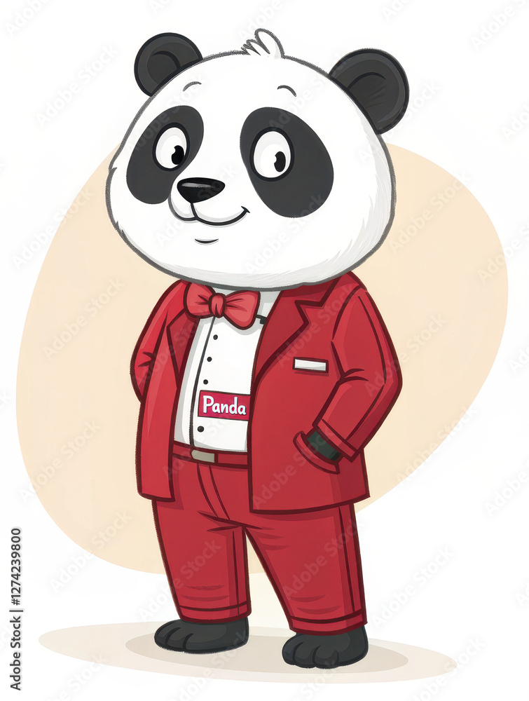 Cheerful panda mascot in red business suit, exuding charm and confidence Cheerful panda mascot in red business suit, exuding charm and confidence