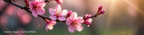 Delicate pink buds on slender twigs unfold in early spring, blossoms, blossoming plants, bloom