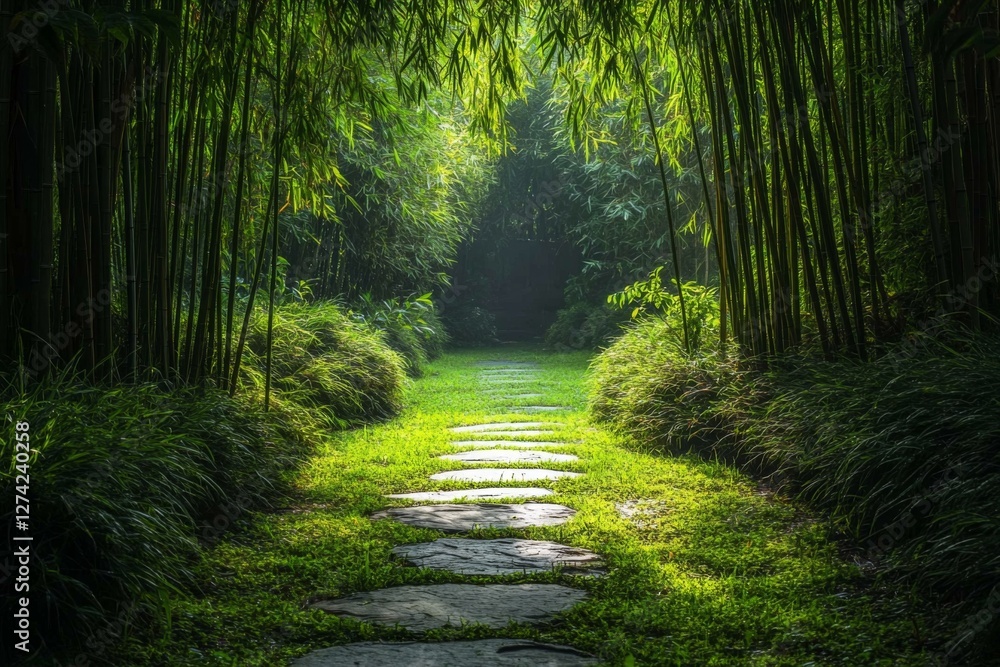 Obraz premium Peaceful bamboo forest pathway with sunlight filtering through leaves