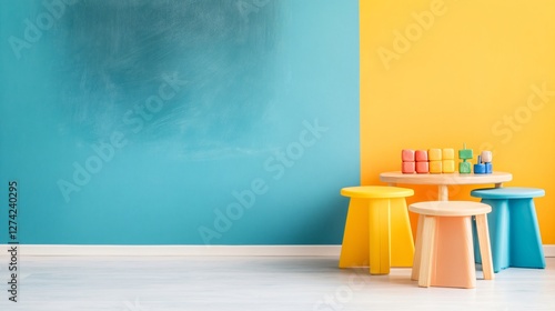 Colorful kids room interior with modern stools and art supplies on table. Two tone turquoise and yellow wall background with white floor. Contemporary minimal design for classroom or playroom