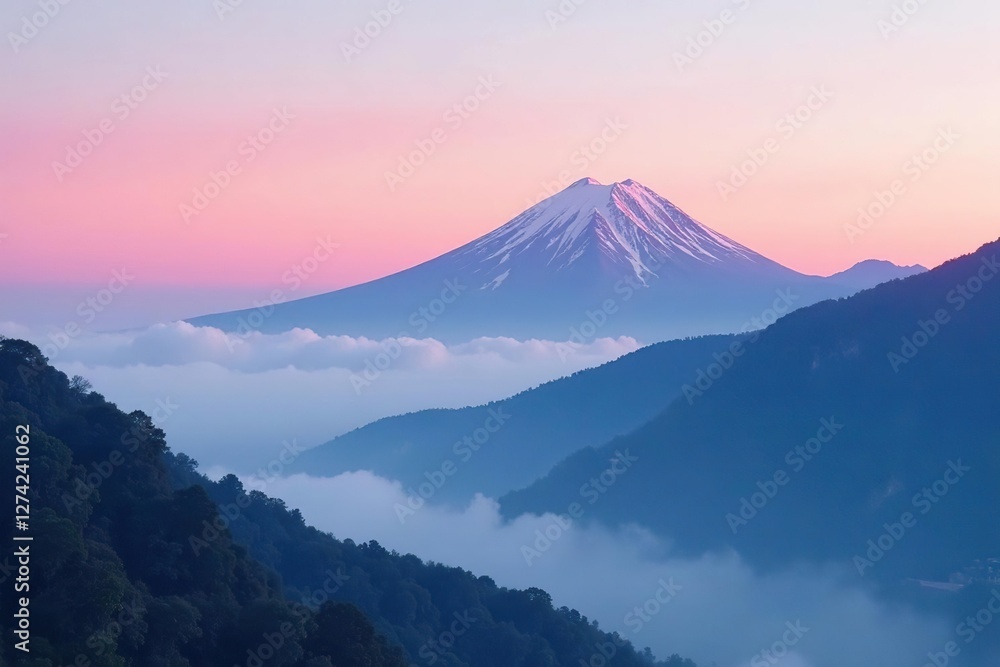 Fototapeta premium Soft pink clouds rise above Alishan mountain peak, sky, misty