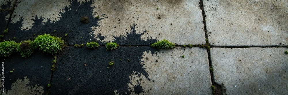 Black mold moss spreading across a worn concrete surface, decay, texture, weathered Black mold moss spreading across a worn concrete surface, decay, texture, weathered