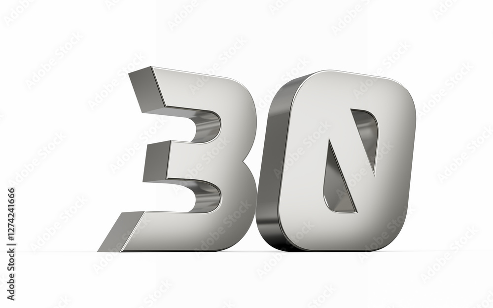 3d Silver number 30 Thirty sleek metallic look isolated on white background, 3d illustration 3d Silver number 30 Thirty sleek metallic look isolated on white background, 3d illustration