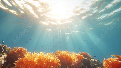 Fototapeta Naklejka Na Ścianę i Meble -  Underwater coral reef with sunlight rays piercing through turquoise ocean water surface. Marine ecosystem with orange coral and fish silhouettes. Natural seascape background
