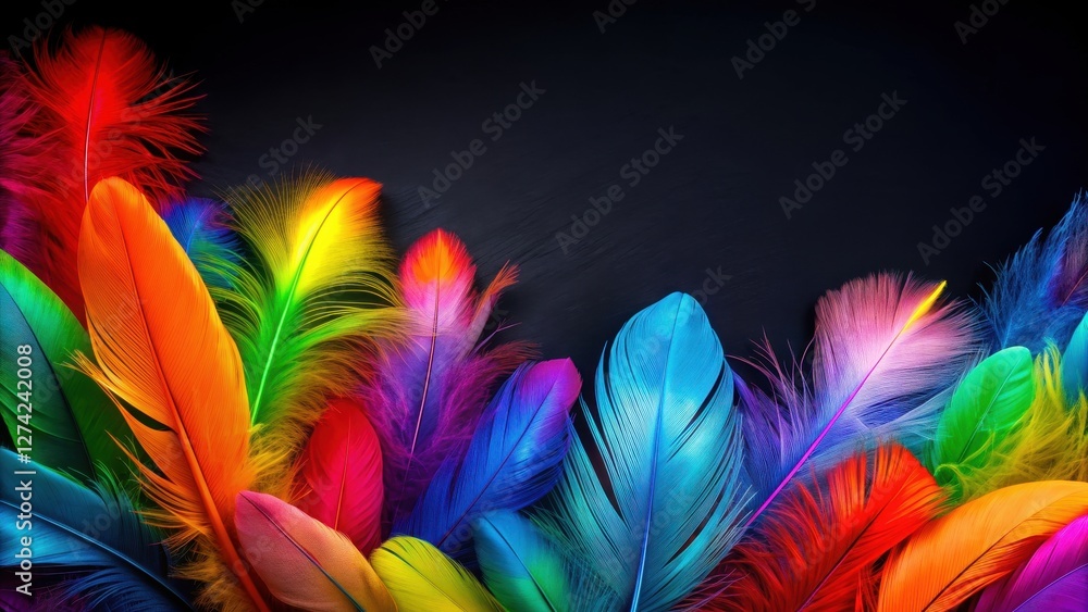 Obraz premium Vibrant and colorful feathers contrasting against a dark backdrop, bright, feathers, abstract, composition, colors, vibrant
