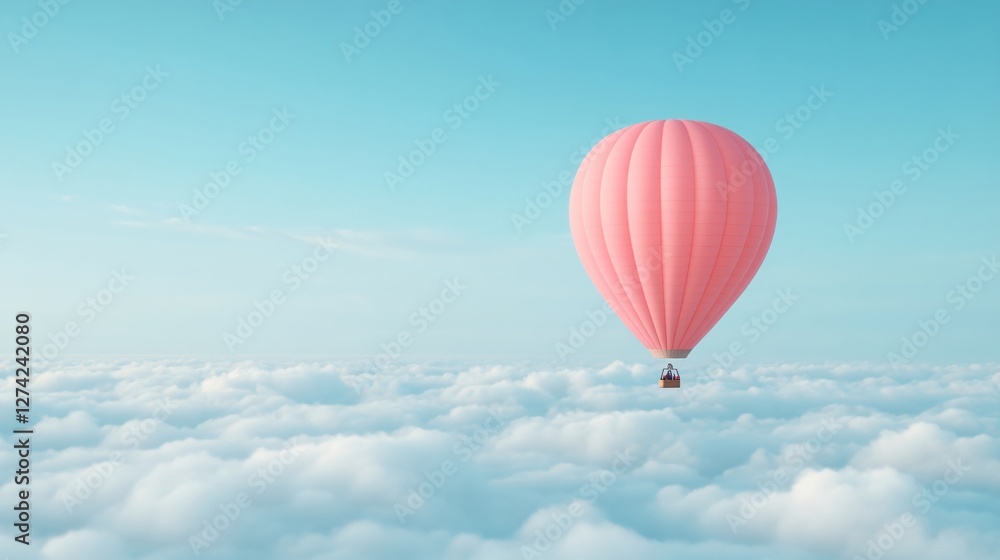 Naklejka premium Pink hot air balloon floating above white fluffy clouds in turquoise sky. Dreamy aerial landscape for adventure travel concept. Beautiful view and copy space