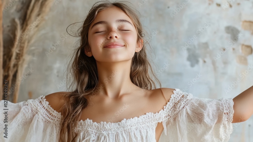 Fototapeta premium A girl in a delicate dress, closing her eyes with joy, empty space for text. 