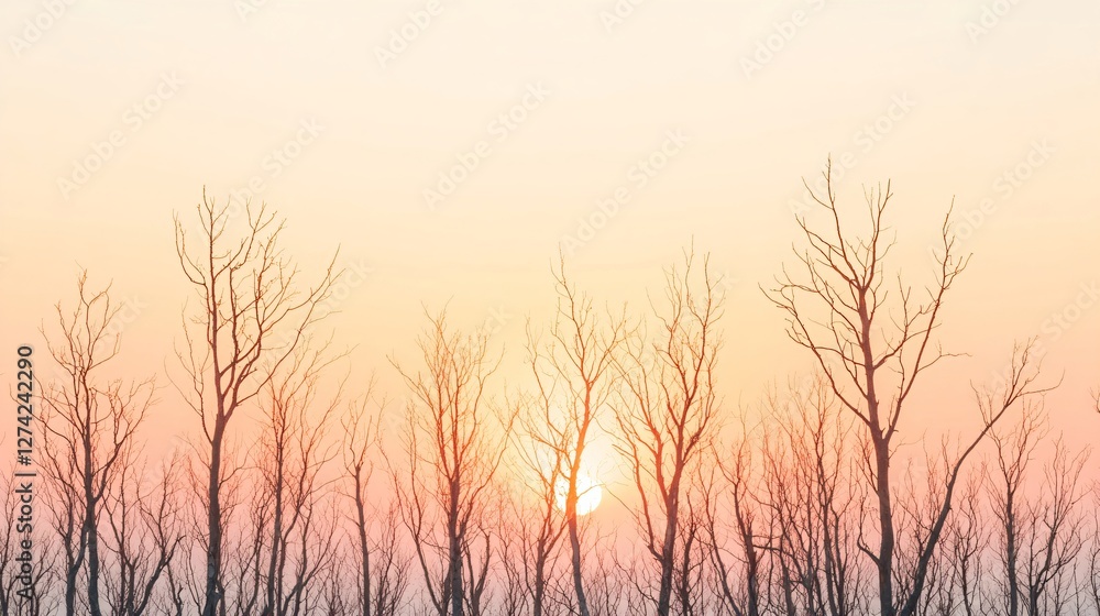 Bare tree branches silhouetted against pink and orange sunset sky with sun disk. Minimalist winter landscape panorama with empty trees at dusk. Nature background with copy space Bare tree branches silhouetted against pink and orange sunset sky with sun disk. Minimalist winter landscape panorama with empty trees at dusk. Nature background with copy space