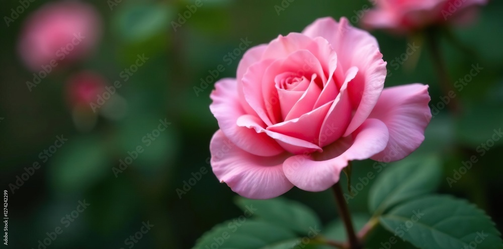 Delicate petals unfolding on a lush green stem, pink, roses Delicate petals unfolding on a lush green stem, pink, roses