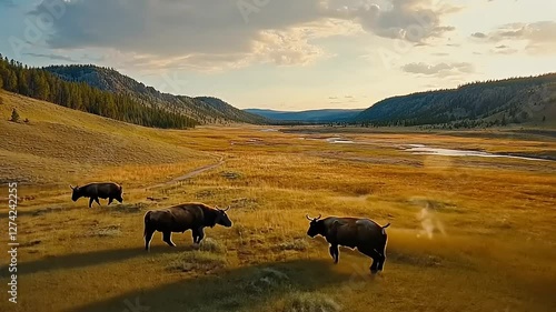 Wallpaper Mural A serene landscape featuring cattle grazing in a golden meadow under a dramatic sky. Torontodigital.ca