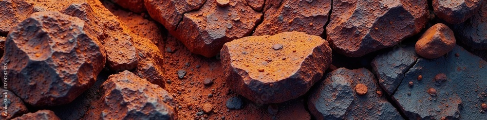 Iron ore minerals exposed through weathering process, rusting, geological erosion Iron ore minerals exposed through weathering process, rusting, geological erosion
