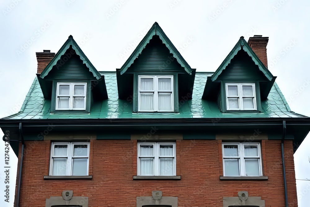 Historic Building with Teal Roof and Brick Facade Historic Building with Teal Roof and Brick Facade