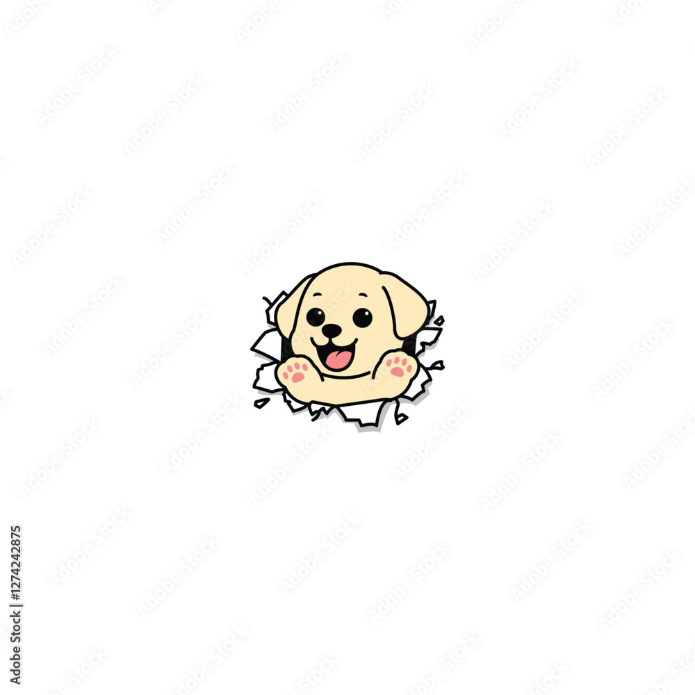 Cute labrador retriever puppy break through the paper cartoon, vector illustration Cute labrador retriever puppy break through the paper cartoon, vector illustration