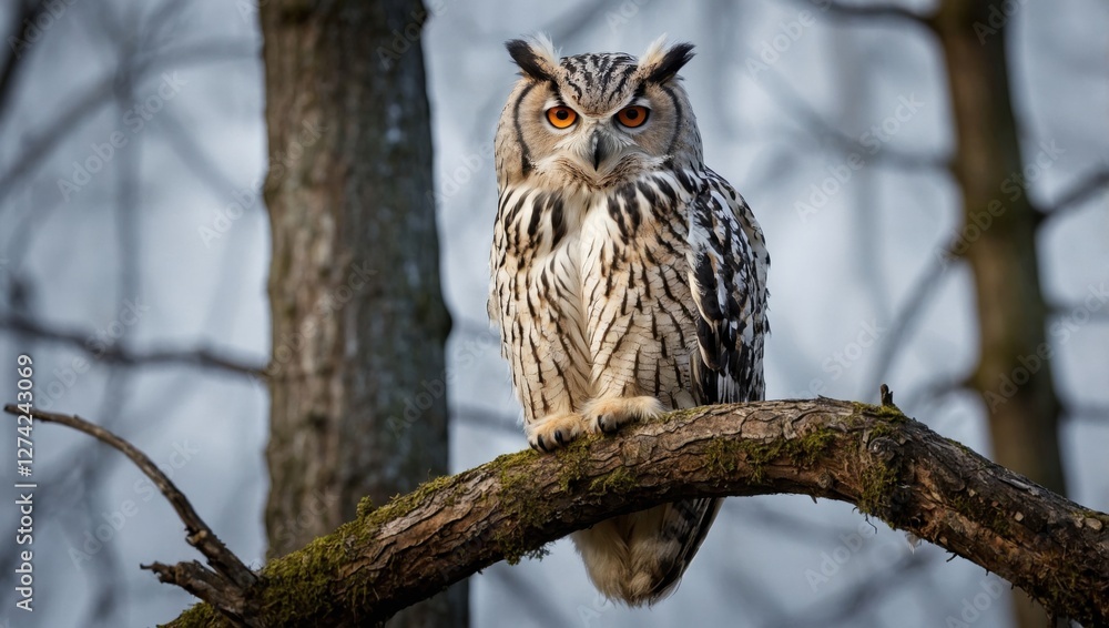 Fototapeta premium White owl on a tree in the forest