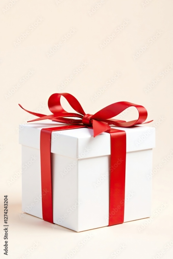 Obraz premium Isolated white box with bright red ribbon and shiny golden bow, gift wrap, ribbon, decorative gift