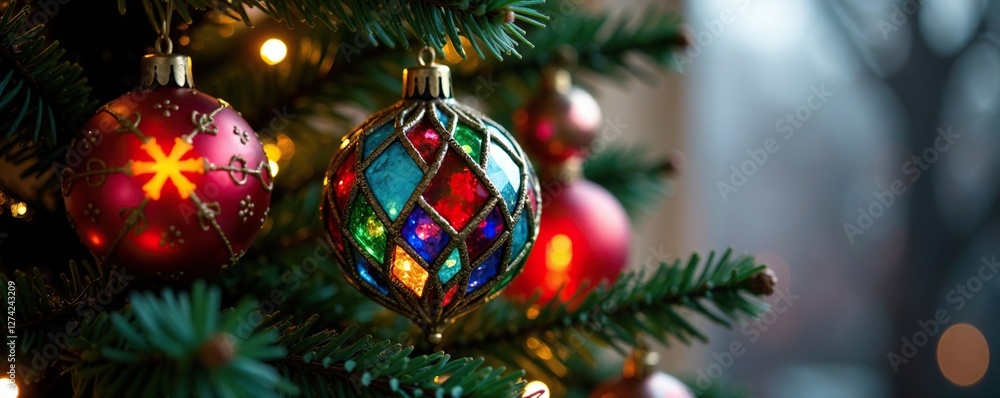 intricate stained glass ornaments on branches, christmas tree, colorful, delicate intricate stained glass ornaments on branches, christmas tree, colorful, delicate